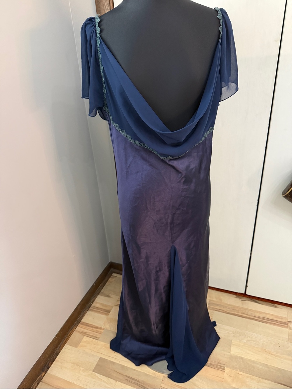 Vintage Silk Backless Navy Blue Draped Evening Gown